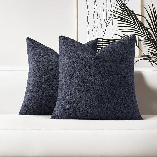 HAUSSY Set of 2 24x24 Decorative Throw Pillow Covers, Soft Cozy European Pillow Shams Textured Boucle, Home Decor for Couch Bed Living Room, Navy Blue