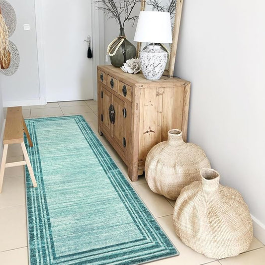Lahome Modern Abstract Runner Rug, Washable Teal 2x6 Entryway Rug Runners Non Slip Hallway Runner, Low-Pile Soft Bathroom Runner Rug 6ft Kitchen Carpet Runner for Laundry Bedroom
