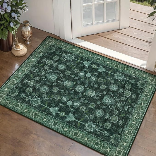 Tangsoo Green Washable Entry Rug, 2x3 Small Area Throw Rugs for Entryway Non Slip, Distressed Vintage Floral Thin Rug for Kitchen Bedroom, Low Pile Floor Carpet Front Door Mat for Entrance Foyer Decor