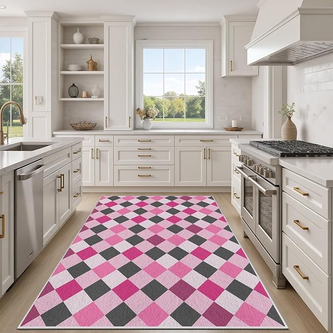 Diamond Checkered Rug 3x5, Soft Ultra Soft Faux Wool Abstract Geometric Rugs, Indoor Floor Mats Carpet, Non Slip&Non-Shedding Low Pile Washable Rugs, Modern Red Rug for Bedroom