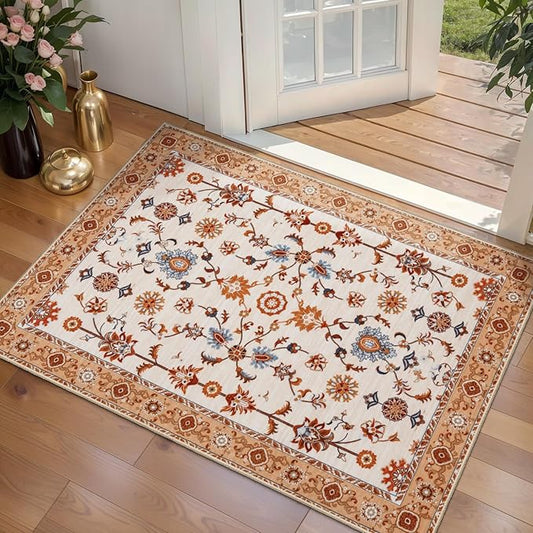 Tangsoo Floral Small Rug 2x3 Washable Rug for Entryways Vintage Non-Slip Area Rugs Orange Entry Rugs Distressed Floor Carpet Soft Low Pile Door Mat for Entrance Bedroom Kitchen Foyer Decor