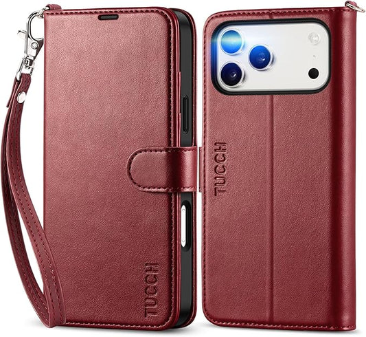 TUCCH Case Wallet for iPhone 17 Pro Max (6.9-Inch) 2025, Wrist Strap | Stand | RFID Blocking | 4 Card Holders | TPU Shockproof Inner Shell | PU Leather | Magnetic Folio Cover | Dark Red
