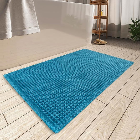 AMOAMI Upgraded Waffle Bath Mat, Super Absorbent Non Slip Bath Mats for Bathroom Floor, Machine Washable Bathroom Rugs with Tassels, Rubber Backed Bathroom Mats, Ultra Soft, 18" x 30", Teal