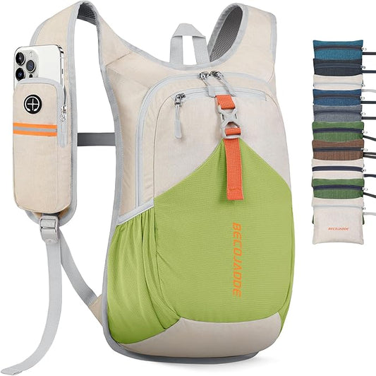 BECOJADDE 15L Small Hiking Backpack for Men Women Foldable Packable Back Pack Ultralight Hiking Daypack for Travel Camping Outdoor, Beige Green