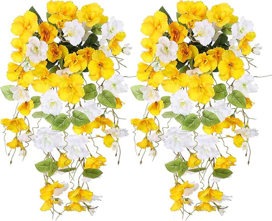 Fake Hibiscus Artificial Hanging Flowers Plants for Outdoors Spring Decoration, 2pcs Silk Hibiscus Vines Realistic UV Resistant Faux Flowers for Outside Planter Porch Patio Yard Wedding Party, Mix