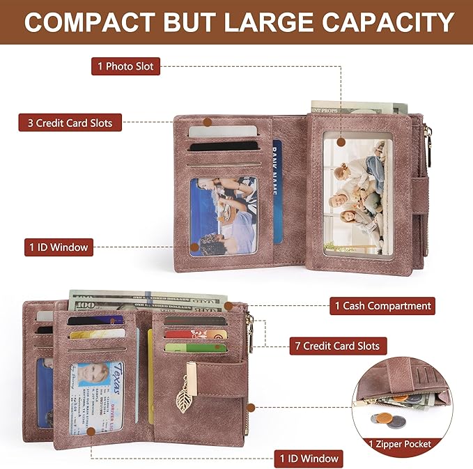 yiijay Small Wallet Women RFID Blocking Leather Bifold Wallet Credit Card Holder for Women Ladies Compact Wallet Mini Purse With Zipper Pocket