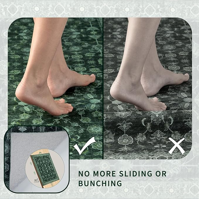Tangsoo 2x4 Washable Entry Rug, Small Green Area Throw Rugs for Entryway Non Slip, Distressed Vintage Floral Thin Rug for Kitchen Bedroom, Low Pile Floor Carpet Front Door Mat for Entrance Foyer Decor