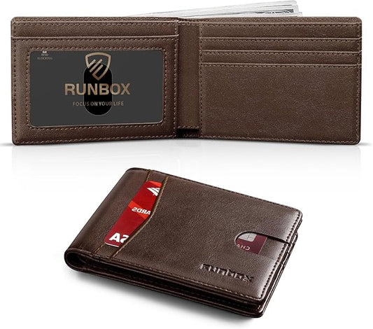 RUNBOX Wallet for Men Slim Leather Bifold RFID Blocking Minimalist Front Pocket Design with Gift Box