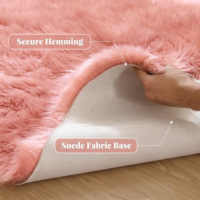 Pink Washable Fluffy Circle Rugs for Bedroom Small Faux Sheepskin Shag Fur Round Rugs 4ft Nursery Rug Cute Room