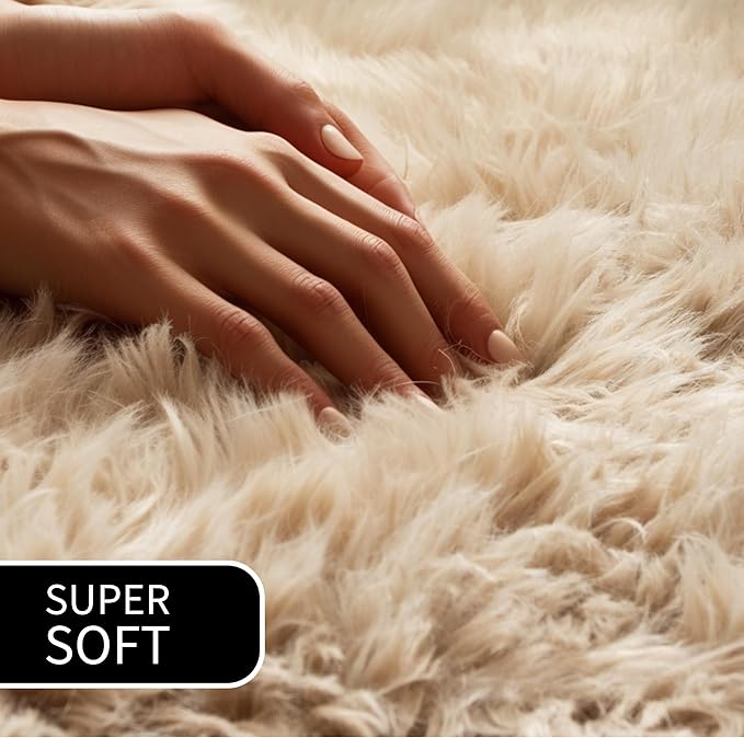 Super Area Rugs Ultra Soft & Fluffy Faux Sheepskin Fur Rug, Light Brown 4 x 6 Feet Sheepskin Carpet for Bedroom Living Room