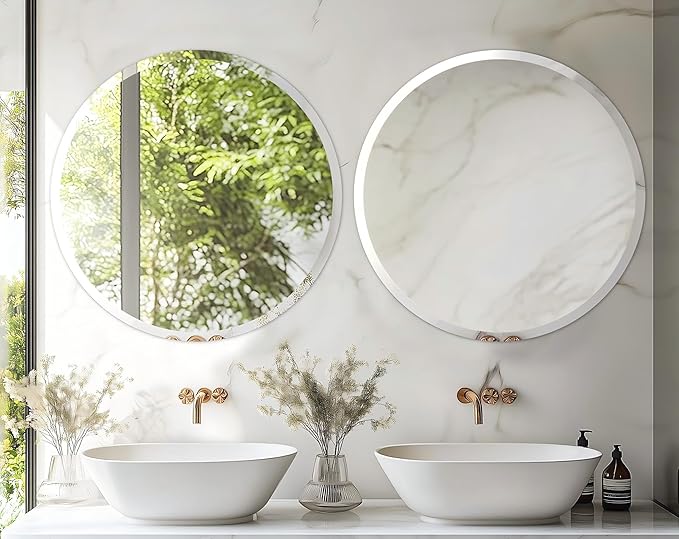 Frameless Round Wall Mirror: Decorative Mirrored Glass Vanity with Beveled Silver Edge for Bathroom Bedroom Livingroom Dining Room Entryway Hallway, 32 x 32 inch