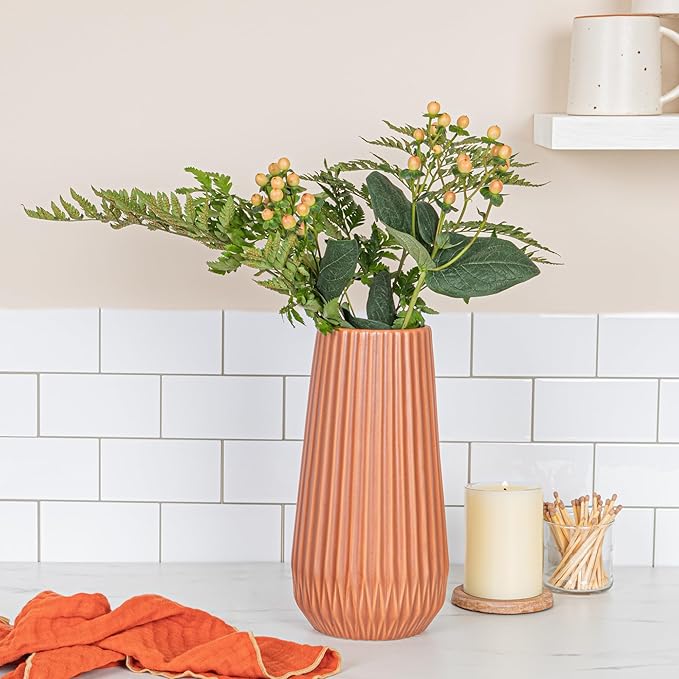 Bloomingville Round Stoneware Fluted Vase with Embossed Lines, Matte Terracotta