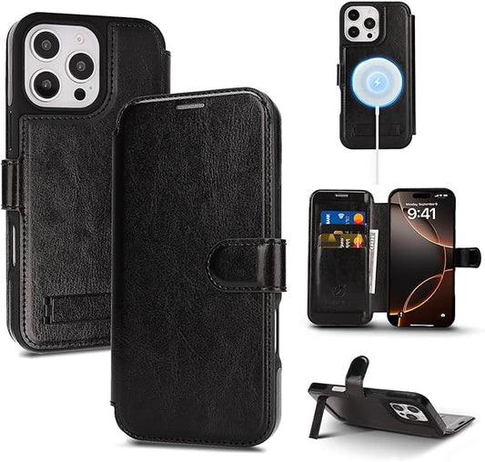 CIVICASE for iPhone 16 Pro Max Wallet Case with Stand,PU Leather Flip Credit Card Holder Slots (RFID Blocking),Compatible with Magsafe Magnetic Holder Phone Cover Women Men,Black