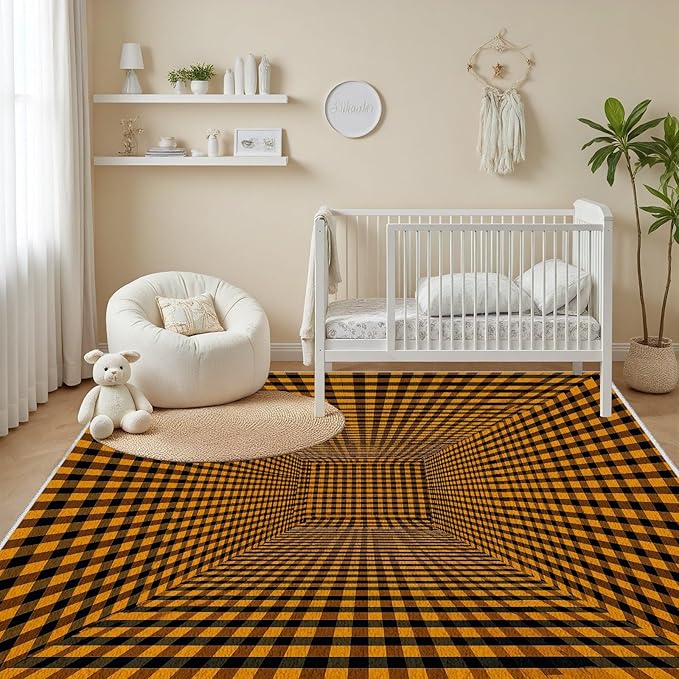 3D Rugs Optical Illusion - Plaid Rug 7x10, Geometric Stripes Soft Neutral Indoor Floor Mats Carpet, Non-Slip Stain Resistant Modern Orange Rug for Bedroom, Living Room Rugs