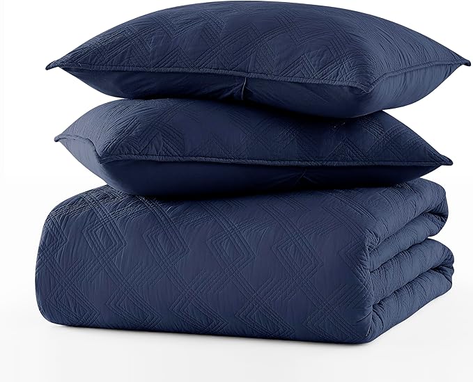 WDCOZY 100% Cotton King Size Quilt Set - Navy Blue Pre-Washed Soft Lightweight Modern Bedspread, Farmhouse Country Rustic Coverlet, Textured Like Linen, Shabby Chic Gauze Bedding, 3 Pieces