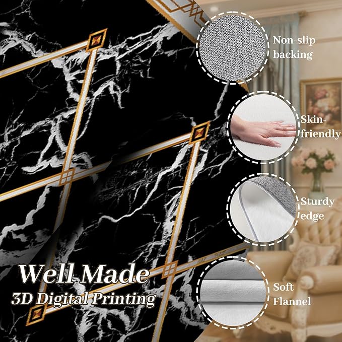 Abstract Marble Texture Throw Carpet Runner for Entrance, 2x7ft, Luxury Gold Geometric Line Bedroom Rug, Dirty Resistant Absorbent Bathroom Decor Washable Area Carpet for Office