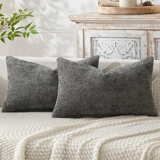 MIULEE Pack of 2 Lumbar Couch Throw Pillow Covers 20x12 Inch Dark Gray Modern Boho Accent Decorative Pillow Covers Soft Chenille Farmhouse Cushion Covers for Home Decor Bed Sofa Living Room