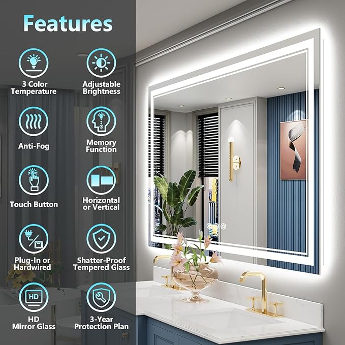 60x30 LED Bathroom Mirror with Lights, Backlit & Front Lit, Anti-Fog Frameless Lighted Vanity Mirrors for Bathroom Wall, Dimmable, 3-Color Light, Memory, Shatter-Proof, Tempered Glass, CRI＞90