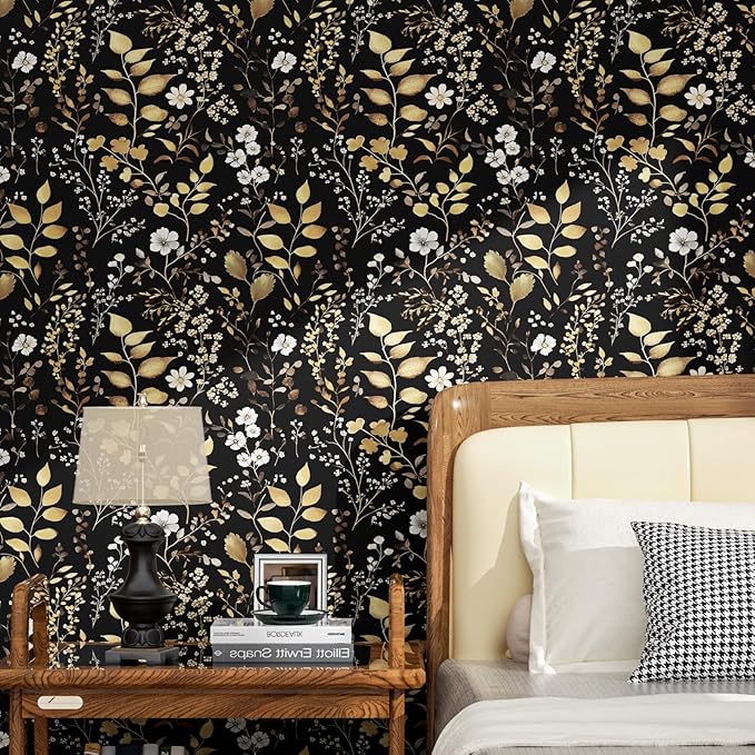 Boho Wallpaper Peel and Stick Dark Floral Wallpaper 17.5in x118in Vintage Leaf Contact Paper Vinyl Waterproof Self Adhesive Golden Leaf Botanical Wall Paper for Cabinet Table Drawer Decor