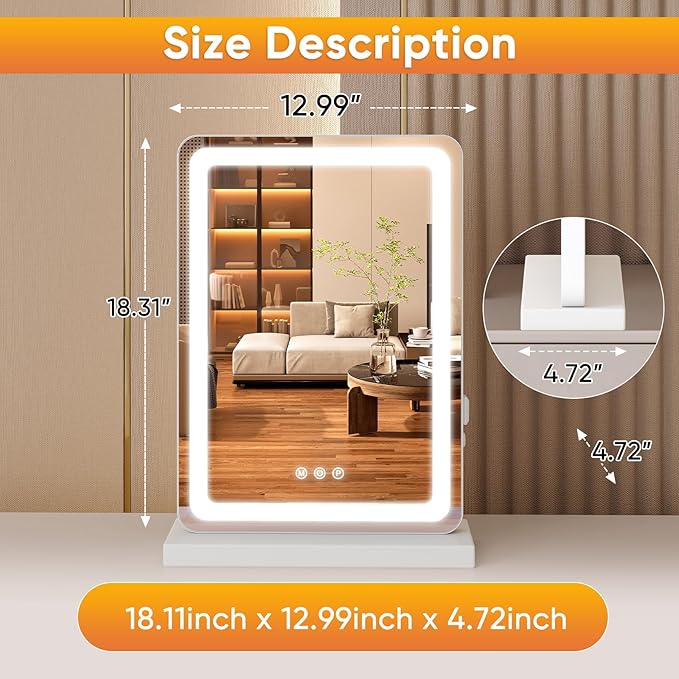 DUMOS 17“x13.2” LED Makeup Mirror with Lights for Vanity, Dimmable 3 Color Modes Makeup Mirror with Memory Function, USB Charging, Aluminum Frame, Lighted Mirror for Desk or Bedroom
