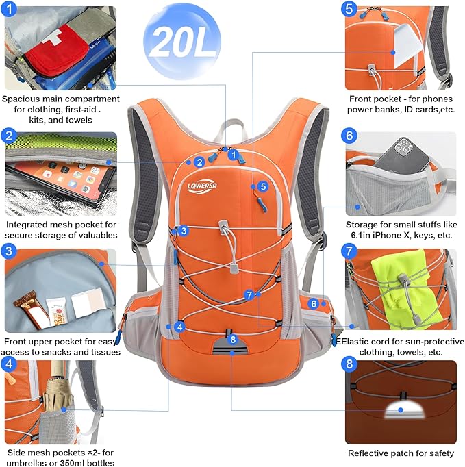20L Hydration Backpack Pack with 2L Water Bladder Lightweight Hiking Backpack for Women Men, Adjustable Chest Straps Running Hydration Vest for Hiking, Cycling, Climbing