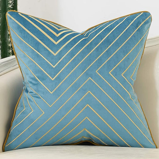 Avigers 20 x 20 Inch Grey Blue Gold Striped Geometric Lines Embroidery Velvet Cushion Case Luxury Modern Throw Pillow Cover Decorative Pillow for Couch Living Room Bedroom Car 50 x 50cm