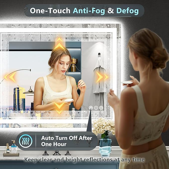 44x32 LED Bathroom Mirror with Lights, Backlit + Front Lit, Anti-Fog Lighted Vanity Mirror for Bathroom Wall with 3 Colors, Dimmable, Memory, Shatter-Proof Tempered Glass, Horizontal/Vertical
