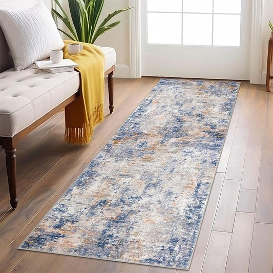 Modern Abstract Runner Rug 2x6, Grey Blue Orange Multi Washable Kitchen Runner Non-Slip Soft Hallway Rug Runner Thin Print Faux Wool Carpet for Entryway Bedroom Laundry Room Indoor Home Decor