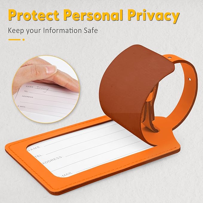 Travelambo 12 Pack Luggage Tags Faux Leather for Suitcases Travel Bag Labels with Protection Cover ID (Orange)