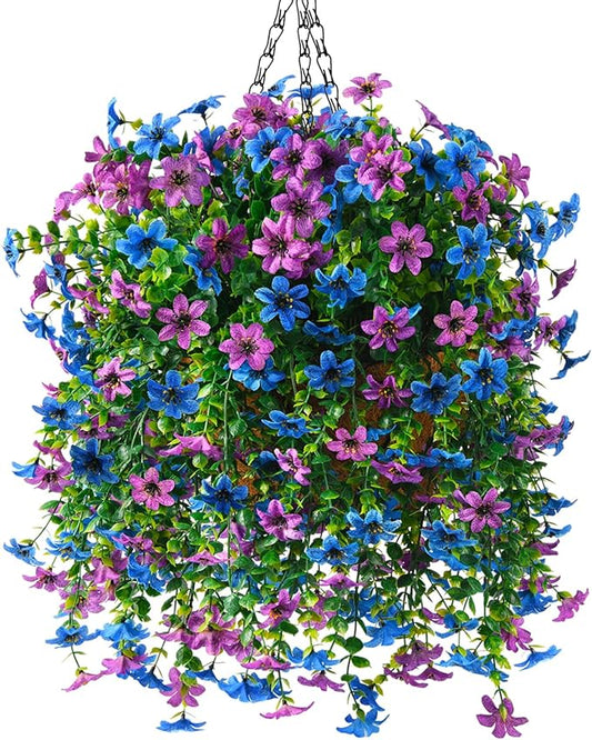 INQCMY Artificial Faux Hanging Flowers Plants Basket for Outdoor Outside Spring Decoration,UV Resistant Fake Silk Daisy in Planter Resistant Look Real for Home Porch Balcony Patio Yard Decor
