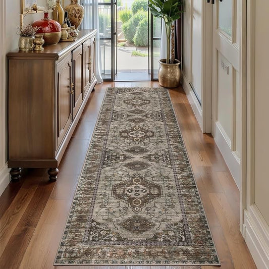 Tangsoo 2.6x10 Washable Hallway Runner Rug, Non Slip Vintage Runner Rug for Hallways, Soft Low Pile Long Rug Runner, Print Distressed Carpet Runners for Kitchen Bedroom Entryway Living Room Grey