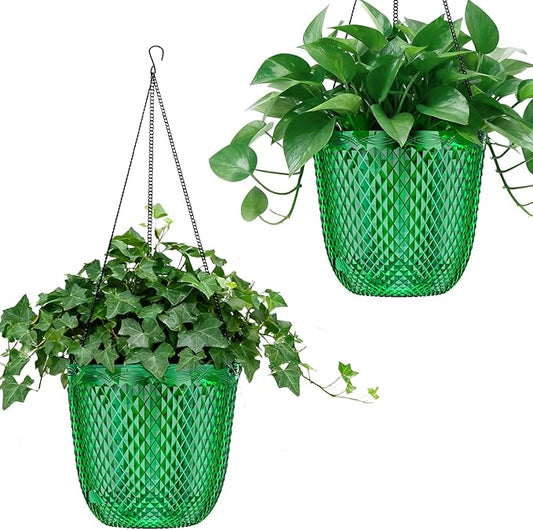 QCQHDU Self Watering Hanging Pots, 2 Pack 7.2 Inch Hanging Planters for Plants Indoor, Outdoor Flower Pots with Drainage Holes and 3 Hooks Chains for Garden Home (Emerald)