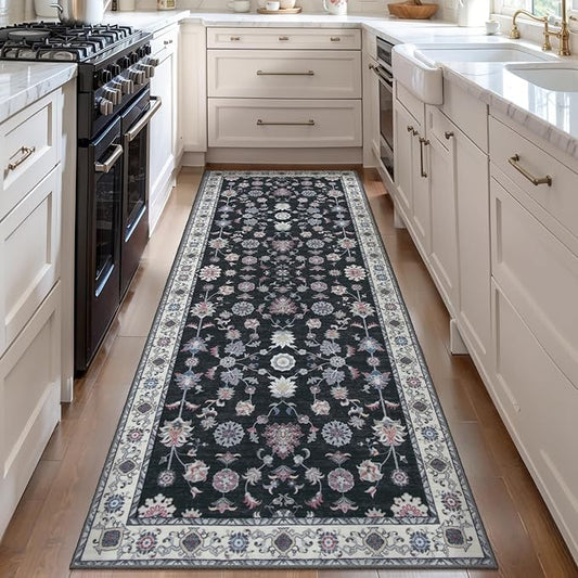 Tangsoo Washable Runner Rug for Hallway Non Slip, 2x6 Boho Floral Vintage Carpet Runner Rugs for Entryway, Floor Low Pile Runners for Kitchen Bathroom Laundry Bedroom Alfombra Black Red Farmhouse