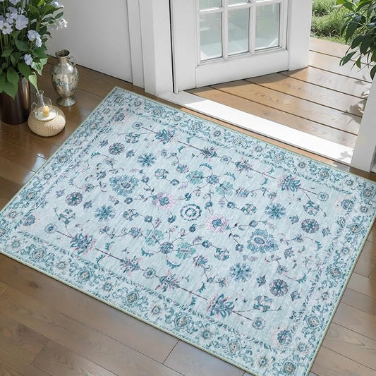 Tangsoo Floral Small Rug 2x3 Washable Rug for Entryways Vintage Non-Slip Area Rugs Light Blue Entry Rugs Distressed Floor Carpet Soft Low Pile Door Mat for Entrance Bedroom Kitchen Foyer Decor