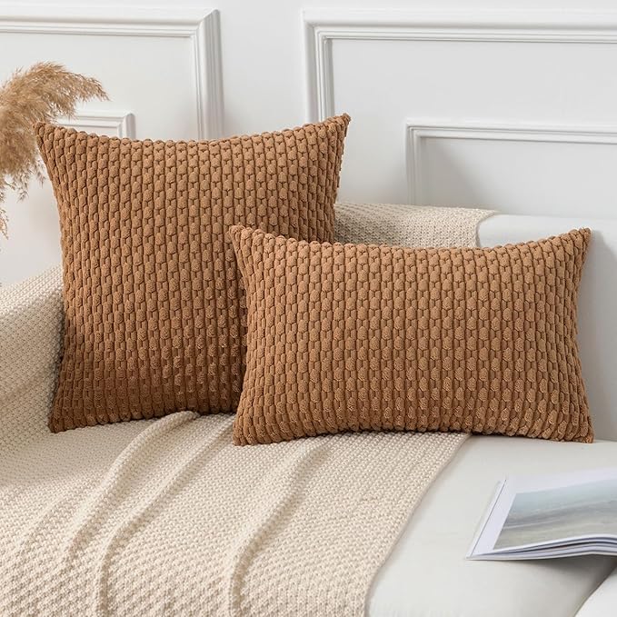 Kevin Textile Throw Pillow Covers Soft Corduroy Decorative Set of 2 Boho Striped Pillow Covers Pillowcases Farmhouse Home Decor for Couch Bed Sofa Living Room 18x18 Inch Khaki