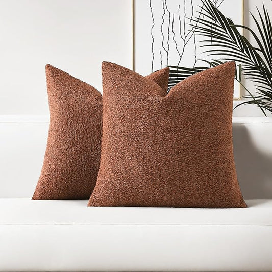 HAUSSY Set of 2 20x20 Decorative Throw Pillow Covers, Soft Cozy Textured Boucle Couch Cases, Home Decor for Couch Bed Living Room, Rust