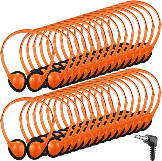 Konohan 30 Pack Headphones Bulk Headphone for School Classroom Student Wired Headphones Adjustable with 3.5 mm Jack for Adults (Orange)