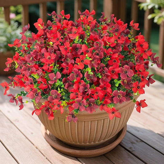 Artificial Faux Plants Flowers Outdoor Spring Summer Decoration, 12 Bundles Fake Silk Colorful Daisy Eucalyptus Realistic UV Resistant for Outside Home Planter Porch Patio Yard Decor (Red Brown)