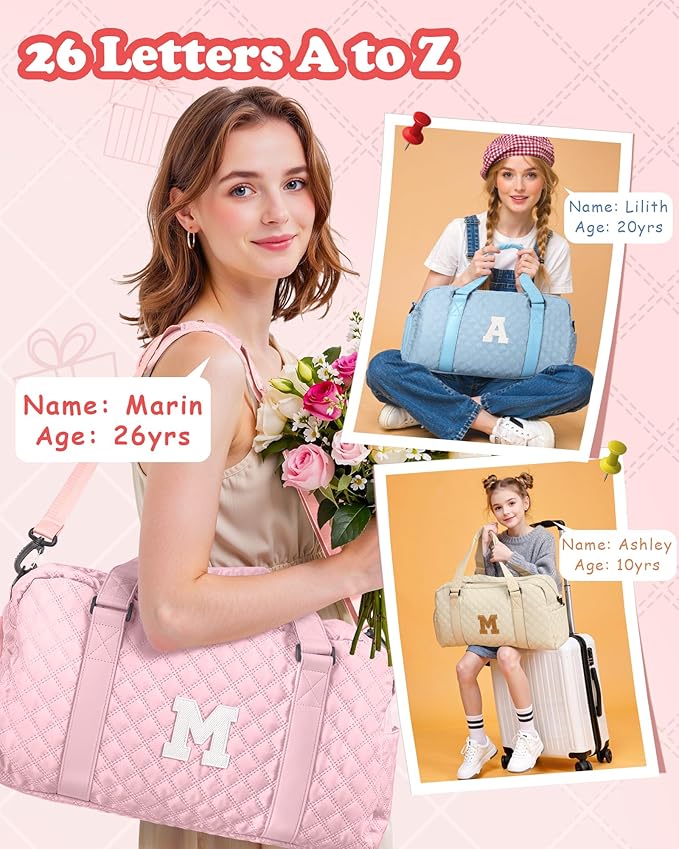 Elilier Carry on Bag Girls, Birthday Gifts Teen Girl Gift, Initial Travel Duffel Bag, Overnight Bag Girlfriend Birthday Kids Gifts, Gifts for Women, Mom, Sister, Teacher, Teen Girls
