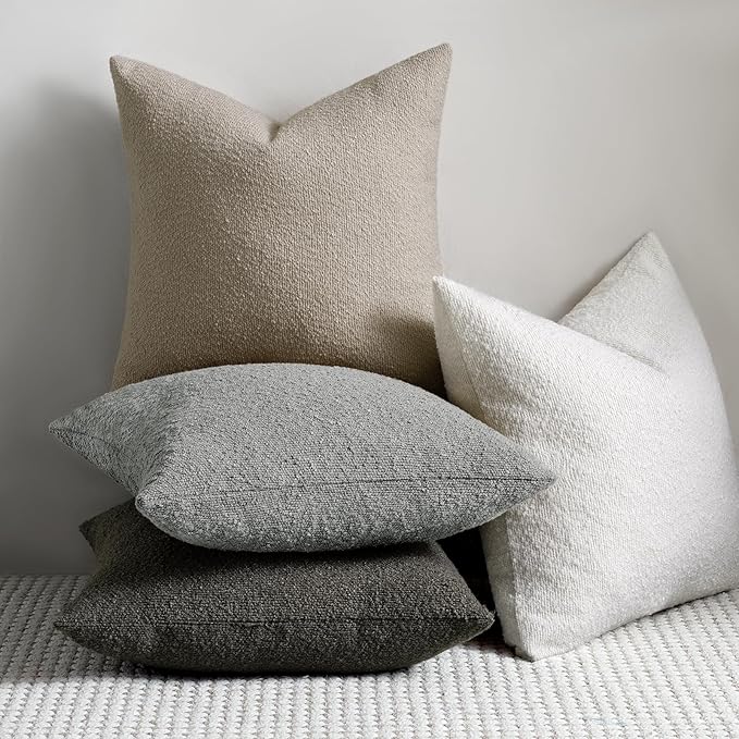 Throw Pillow Covers 18 x 18 Inch Set of 2, Accent Soft Boucle Textured Pillow Cover, Decorative Solid Color Cozy Cushion Pillow Case for Couch Bedroom Sofa Living Room Home Decor, Oatmeal