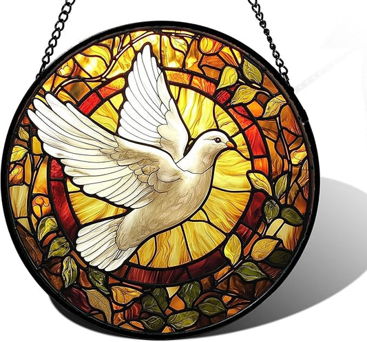 DASTOLL Stained Glass Window Hanging, Flying White Dove Sun Catchers Diamond Glass Panel Hangings Cute Birds Suncatcher Decor for Birthday for Women, Men, Wife, Aunt, and Mom 6.3 in