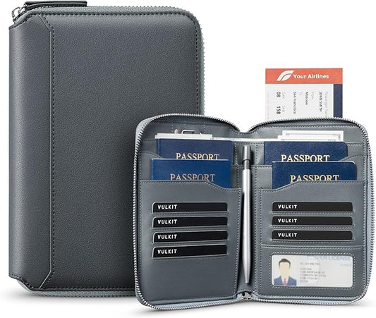 VULKIT Leather Passport Holder for 4-8 Passports Family RFID Blocking Passport Wallet with Zipper Travel Documents Organizer for Men or Women (Navy)