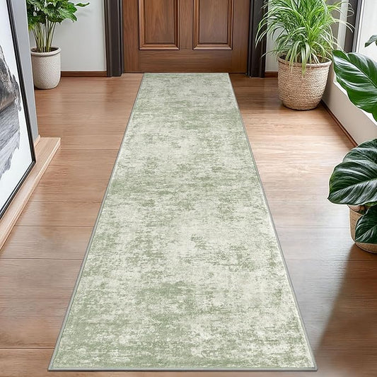 Modern Abstract Hallway Runner Rug, Sage Green Grey 2x8 Runner Rug, Washable Kitchen Runner Non-Slip Soft Thin Print Faux Wool Carpet for Entryway Bedroom Laundry Room Indoor