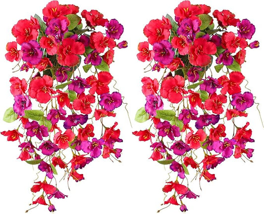 Fake Hibiscus Artificial Hanging Flowers Plants for Outdoors Spring Decoration, 2pcs Silk Hibiscus Vines Realistic UV Resistant Faux Flowers for Outside Planter Porch Patio Yard Wedding Party, Mix