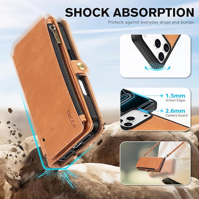 TUCCH Removable Crossbody Case Wallet for iPhone 17 Pro (6.3") 2025, Wireless Charging, RFID Blocking 9 Card Slots, Lanyard, Wrist Strap, Zipper Pocket, PU Leather, Stand Magnetic Cover, Light Brown