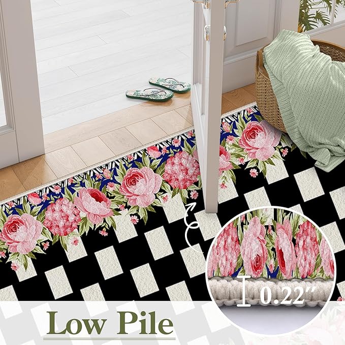 Checkered Floral Design Runner Rug for Entryway, 2.6x10ft, Pink Rose Luxury Fall Decor Area Carpets for Bedroom, Absorbent Machine Washable Shed Resistant Non-Slip Throw Rugs for Entry