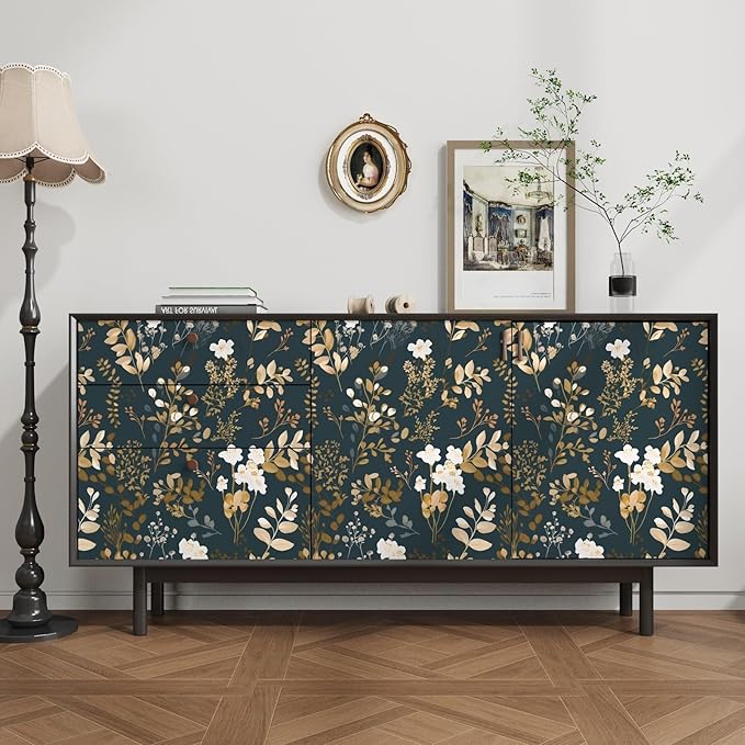 Navy Floral Wallpaper Peel and Stick Boho Wallpaper Vintage Blue/Gold Leaf Contact Paper Waterproof Self Adhesive Modern Wall Paper for Cabinet Walls Kitchen 17.5" x197"