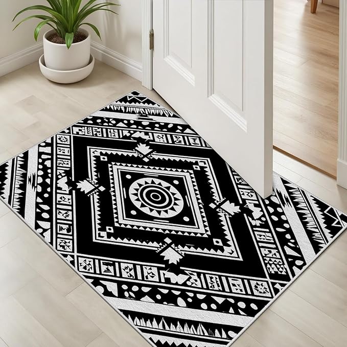 Area Rugs for Living Room 3x4, Moroccan Washable Low Pile Rug, Boho Neutral Farmhouse Ultra Soft Carpet for Bedroom Dining Room Home Decor, Geometric Print Tribal Carpets Black and White