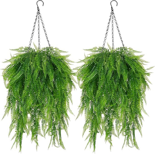 Fake Hanging Plant Outdoor Artificial Boston Fern Hanging Baskets 2 Set Fake Ferns Hanging Plants Artificial Decor 23.6" Artificial Ferns for Outdoors Front Porch Patio Garden Home Decor