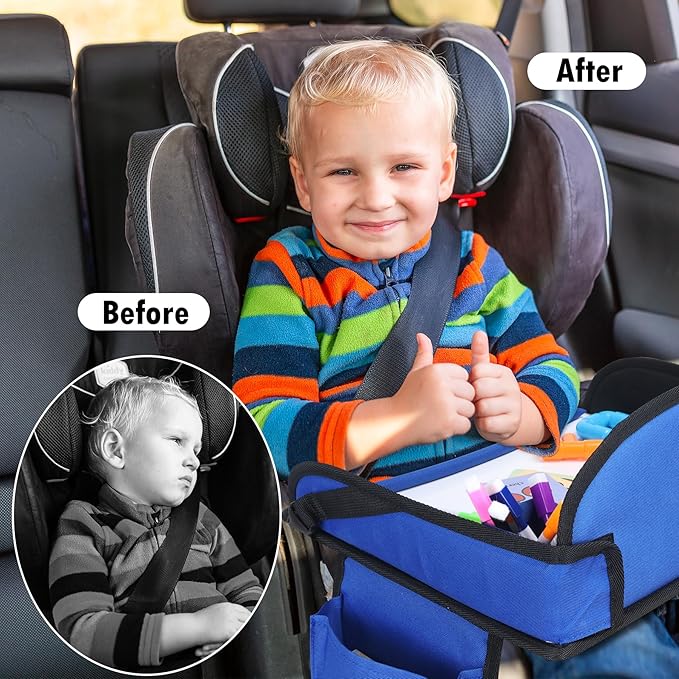 WENRENER Kids Travel Tray for Airplane - Toddler Car Seat Table Tray, Road Trip Essentials for Boys & Girls, Carseat Lap Desk for Kids Road Trip Activities(Navy Blue)